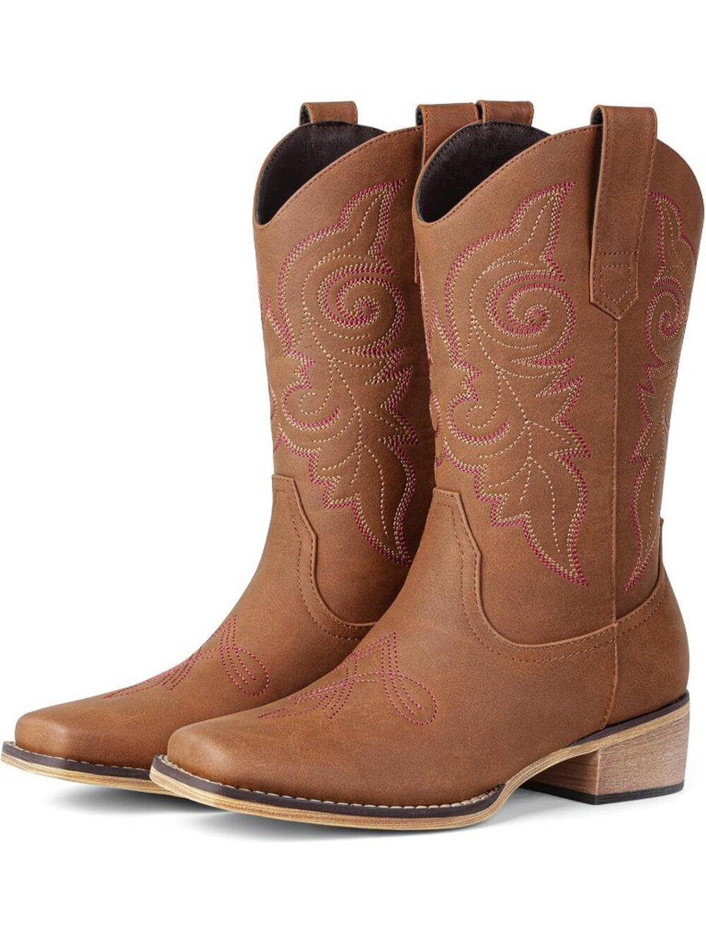 Women's Red Square Toe Mid Calf Embroidery Cowgirl Boots Low Chunky Heel Shoes